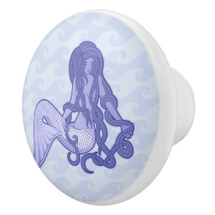 Bouton De Porte En Céramique Sirène assise bleue