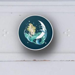 Bouton De Porte En Céramique Sirène Blonde Lune Croissante Art Déco Fantastique
