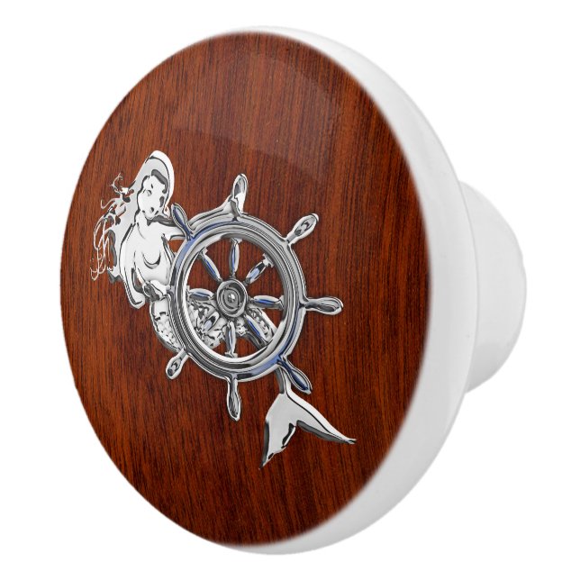 Bouton De Porte En Céramique Sirène Chrome sur le grain d'acajou marine Imprime (Droite)