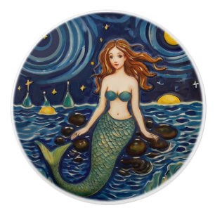Bouton De Porte En Céramique Sirène de nuit Mer Océan Fairytale Bleu foncé