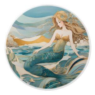 Bouton De Porte En Céramique Sirène de plage par Sea Turquoise Gold Face gauche