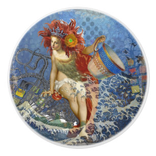 Bouton De Porte En Céramique Sirène du Verseau Art Gothique Bleu