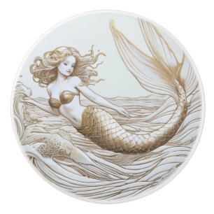Bouton De Porte En Céramique Sirène or et blanc & Vagues océaniques face gauche