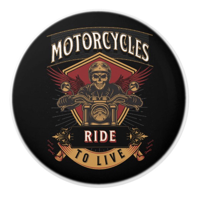 Bouton De Porte En Céramique Skull Ride Cycles moteurs, Ride To Live (Devant)