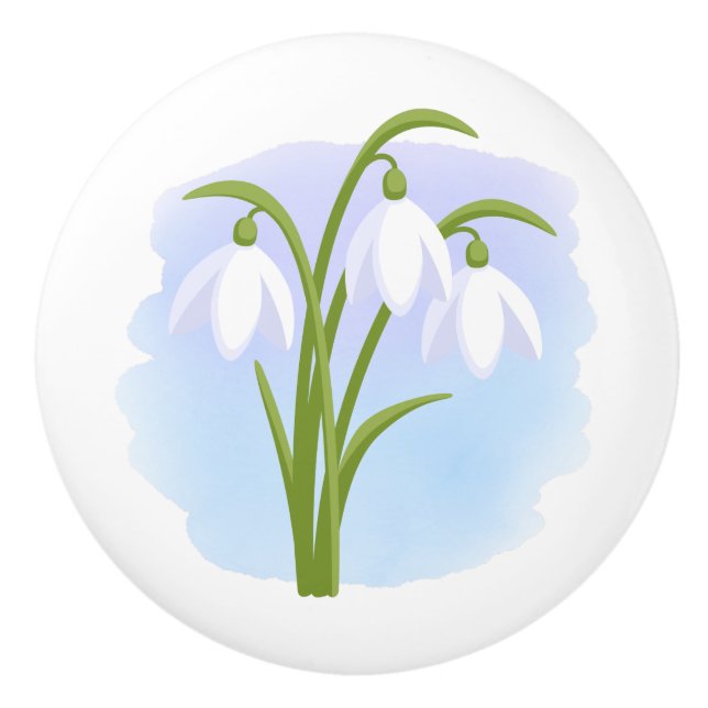 Bouton De Porte En Céramique Snowdrops - Fleurs de printemps sur aquarelle bleu (Devant)