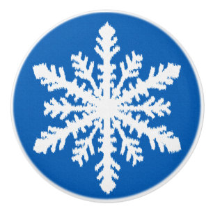 Bouton De Porte En Céramique Snowflakes d'Ikat - Bleu de cobalt et blanc