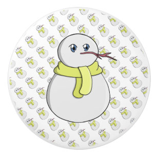 Bouton De Porte En Céramique Snowman portant une écharpe jaune