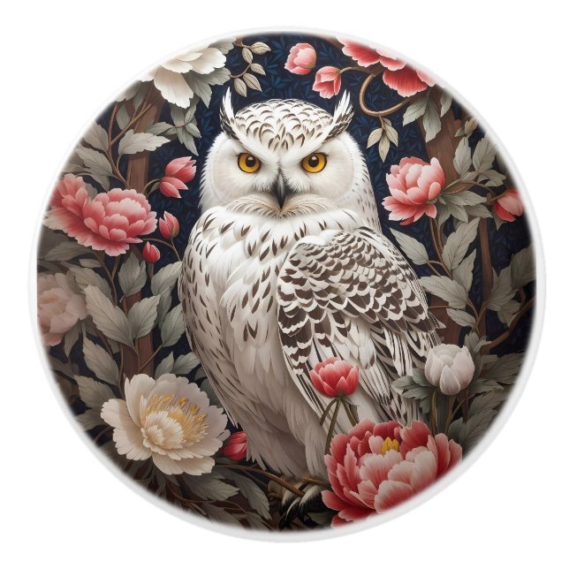 Bouton De Porte En Céramique Snowy Owl Pink Peony Flowers (Devant)