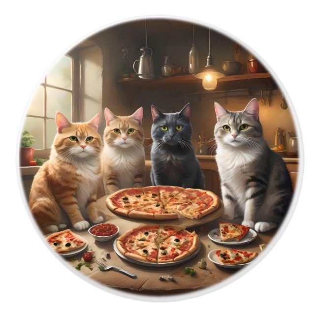 Bouton De Porte En Céramique Soirée Pizza Chat, (Devant)
