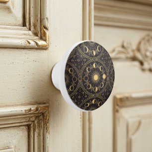 Bouton De Porte En Céramique Soleil céleste doré Phases lunaires Motif géométri