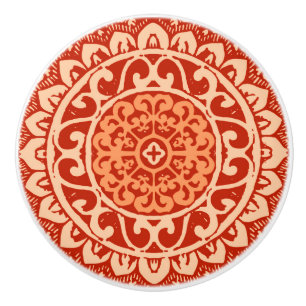 Bouton De Porte En Céramique Soleil Sud-Ouest Mandala Batik, Coral Orange