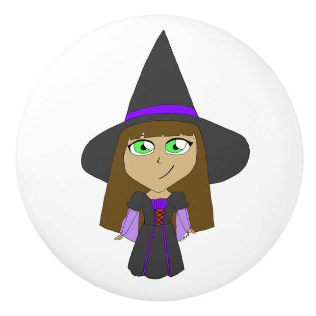 Bouton De Porte En Céramique sorcière chibi (Devant)