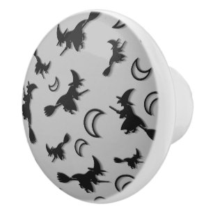 Bouton De Porte En Céramique Sorcière volante entre la moitié de la lune à Hall