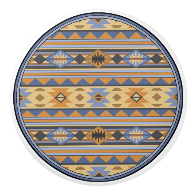 Bouton De Porte En Céramique Southwest Design Gold Blue Grey Tribal Motif (Devant)