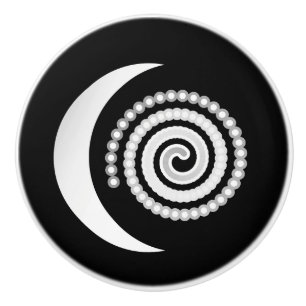 Bouton De Porte En Céramique Spirale de lune d'argent sur noir