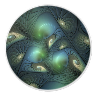 Bouton De Porte En Céramique Spirales Vert Beige Abstrait Art Fractal