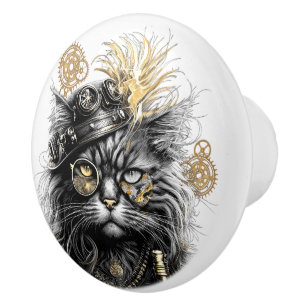 Bouton De Porte En Céramique Spunky Paws Le Chat Steampunk Funky 
