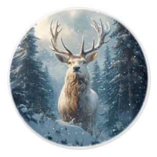 Bouton De Porte En Céramique Stag blanc dans les Bois d'hiver