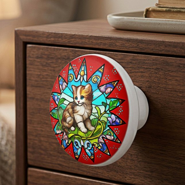 Bouton De Porte En Céramique Stained Glass Kitten Floral (Colorful artistic ceramic drawer  knob featuring a leaded glass inspired design with cute kitten)