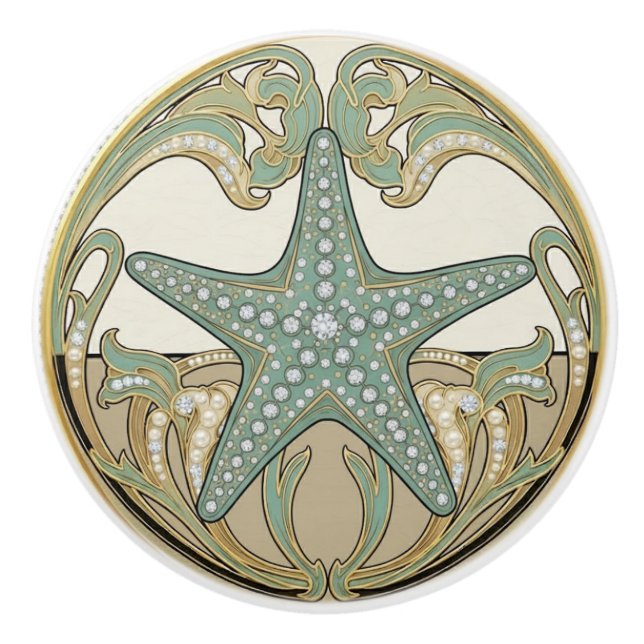 Bouton De Porte En Céramique Starfish Green Cream & Gold Art Deco Nouveau (Devant)