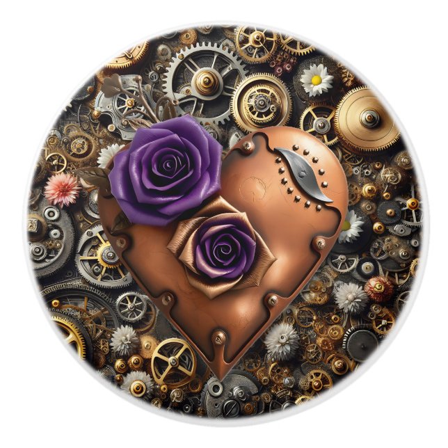 Bouton De Porte En Céramique Steampunk Gears, Flowers and Copper Heart (Devant)