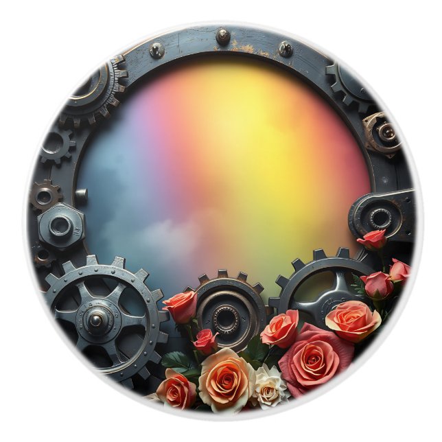 Bouton De Porte En Céramique Steampunk Gears,Roses and Rainbow (Devant)