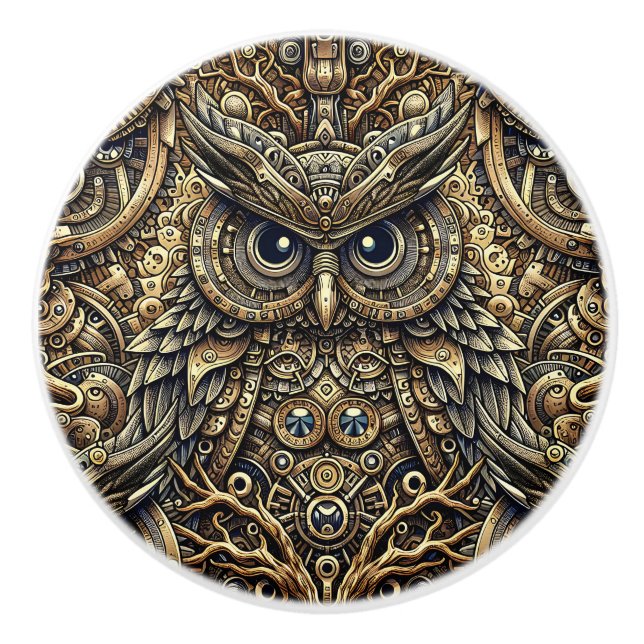 Bouton De Porte En Céramique Steampunk Metal and Diamond Gold Owl (Devant)
