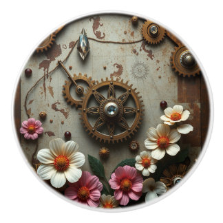 Bouton De Porte En Céramique Steampunk Metal Flowers, Gears and Diamonds