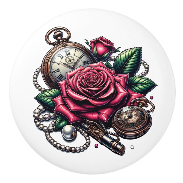 Bouton De Porte En Céramique Steampunk Rose, Metal Key and Pocket Watch (Devant)