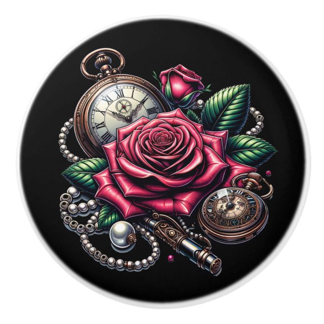 Bouton De Porte En Céramique Steampunk Rose, Metal Key and Pocket Watch (Devant)