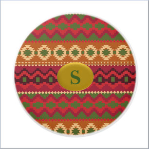 Bouton De Porte En Céramique Style Aztec sud-ouest rose vert et Brown