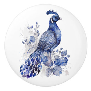 Bouton De Porte En Céramique Style bleu et blanc Delft paon avec fleurs