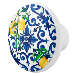 Bouton De Porte En Céramique style italien, mosaïque, bleu, citron,