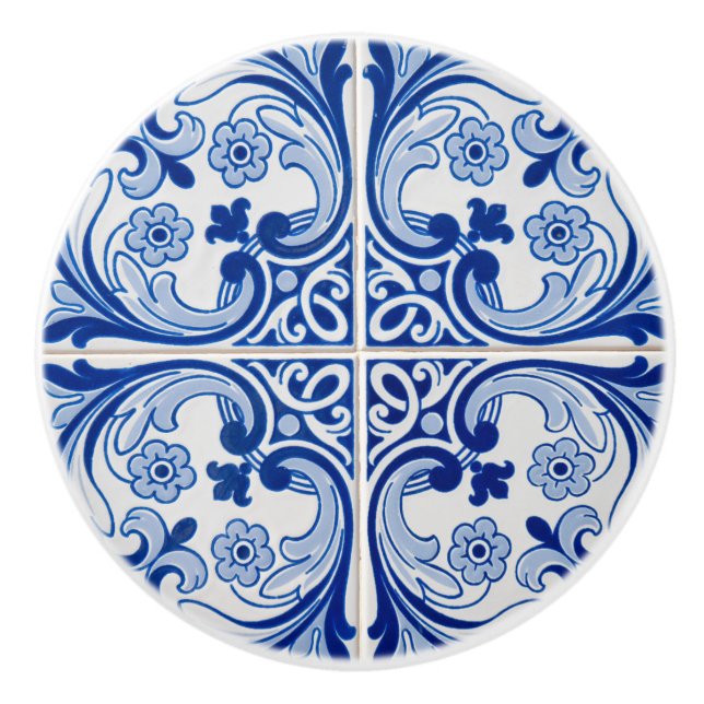 Bouton De Porte En Céramique Style méditerranéen Bleu et Carrelage blanc (Devant)