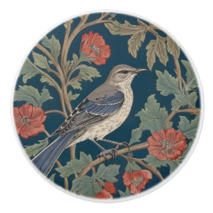 Bouton De Porte En Céramique Style William Morris Face droite Mockingbird Bird