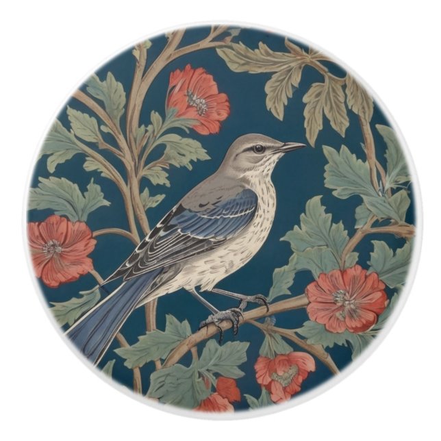 Bouton De Porte En Céramique Style William Morris Face droite Mockingbird Bird (Devant)
