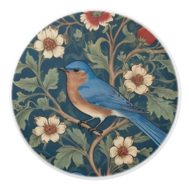 Bouton De Porte En Céramique Style William Morris Face gauche Bluebird Bird (Devant)