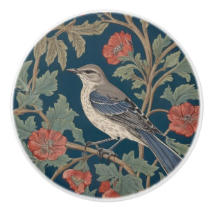 Bouton De Porte En Céramique Style William Morris Face gauche Mockingbird Bird