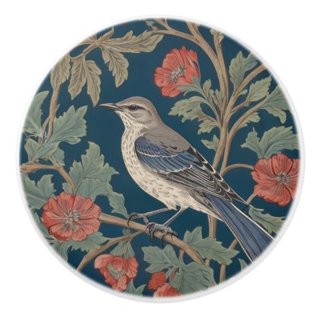Bouton De Porte En Céramique Style William Morris Face gauche Mockingbird Bird (Devant)