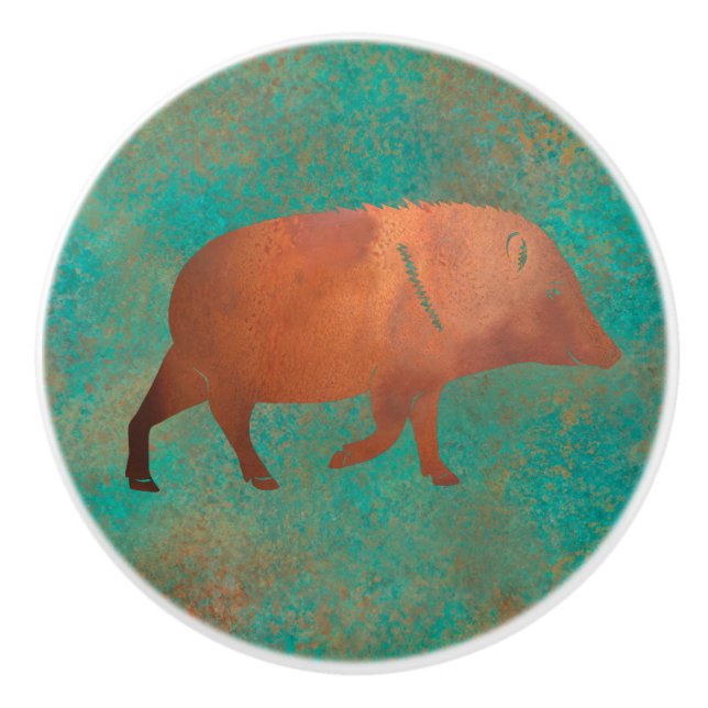 Bouton De Porte En Céramique Sud-ouest Cute Javelina Daddy Cuivre Turquoise (Devant)