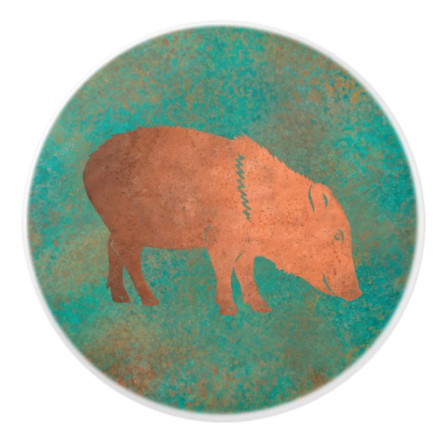 Bouton De Porte En Céramique Sud-ouest Cute Javelina Momma Cuivre Turquoise (Devant)