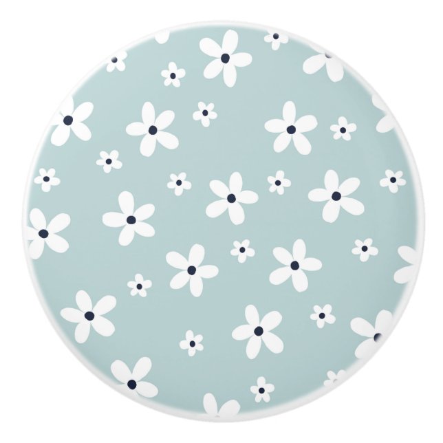 Bouton De Porte En Céramique Summer Boho Blue White Daisy Flowers (Devant)