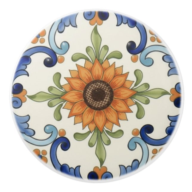 Bouton De Porte En Céramique Sunflower Flower Mediterranean Blue Orange  Cream (Devant)