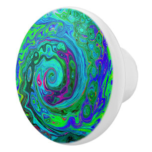 Bouton De Porte En Céramique Super Abstrait Retro Green et Blue Swirl
