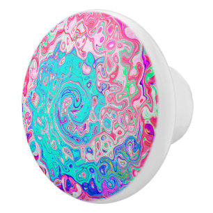 Bouton De Porte En Céramique Super Aqua Blue et rose Abstrait Retro Swirl