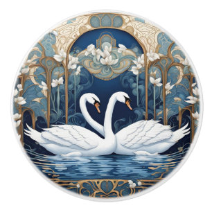 Bouton De Porte En Céramique Swan Couple Art Nouveau Bird Art Déco Bleu