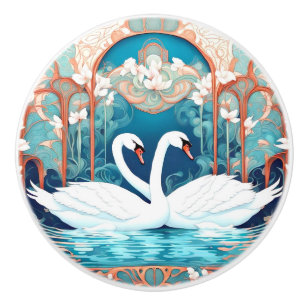Bouton De Porte En Céramique Swan Couple Art Nouveau Bird Turquoise Aqua Blue