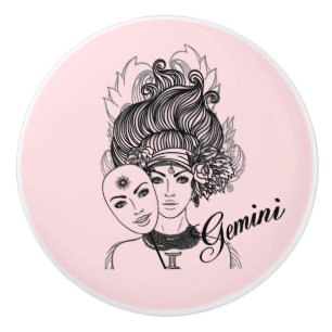 Bouton De Porte En Céramique Symbole et signe du zodiaque Gémeaux rose