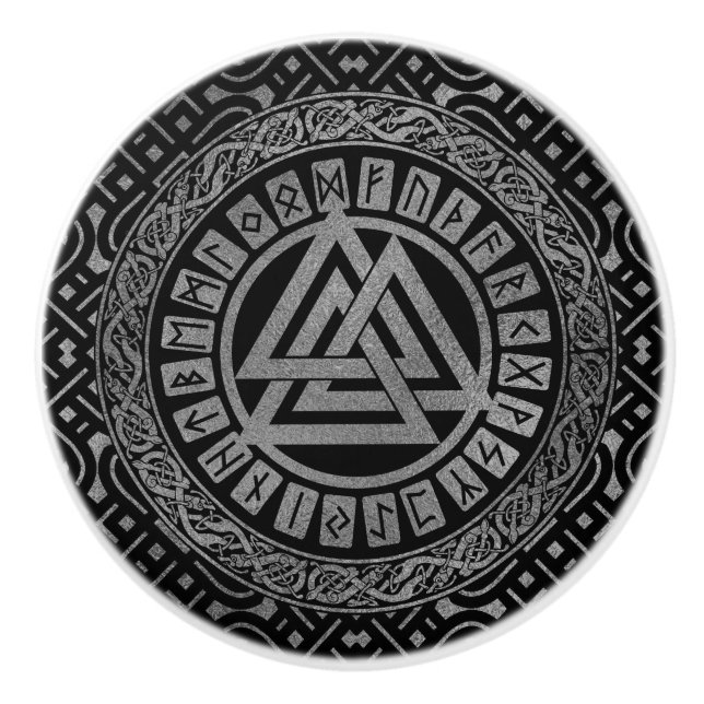 Bouton De Porte En Céramique Symbole métallique argenté de Valknut sur le motif (Devant)