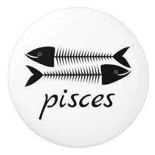 Bouton De Porte En Céramique Symbole Zodiaque Poissons Os Noir Blanc Humour